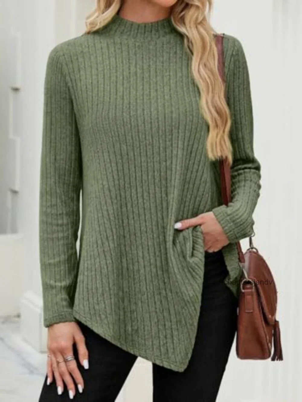 Mock Turtleneck Tunic Sweater Long Sleeve Ribbed Knit Top
